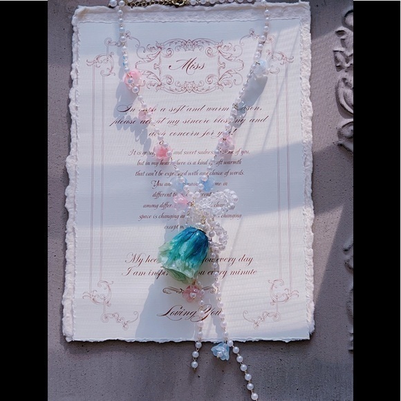 Big Preserved Green Rose& Pearl Necklace